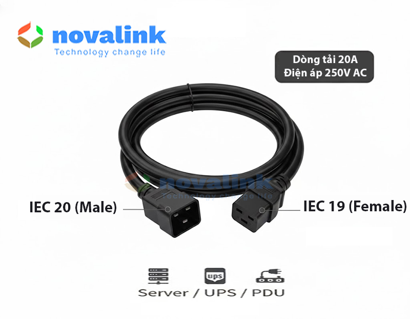 Sản xuất dây nguồn UPS chuẩn C19, C20 dài 3m Novalink lõi 3 x 3.31mm2( 20 AWG) lõi đồng mã NV-56304A